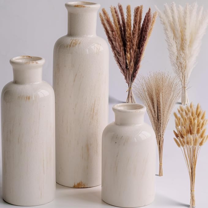 Pampas Grass with Vase Set – 3 Beige White Ceramic Vases with Natural Dried - Image 4