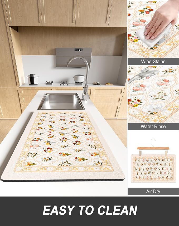 Rnivvi Dish Drying Mat for Kitchen Counter, XL 15 x 24" Cute Flower Theme - Image 6