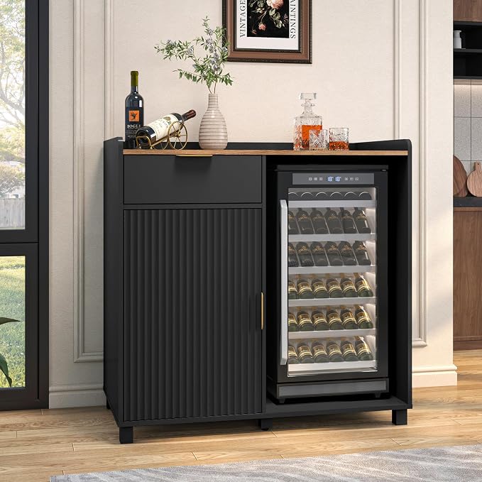 Bar Cabinet with Fridge Space&Fluted Door, Mini Fridge Cabinet with Wine Storage by serenelivingorganizedspace