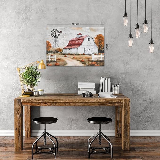 Country Autumn Landscape Canvas Wall Art Farmhouse Barn Windmill Pictures Wall - Image 3
