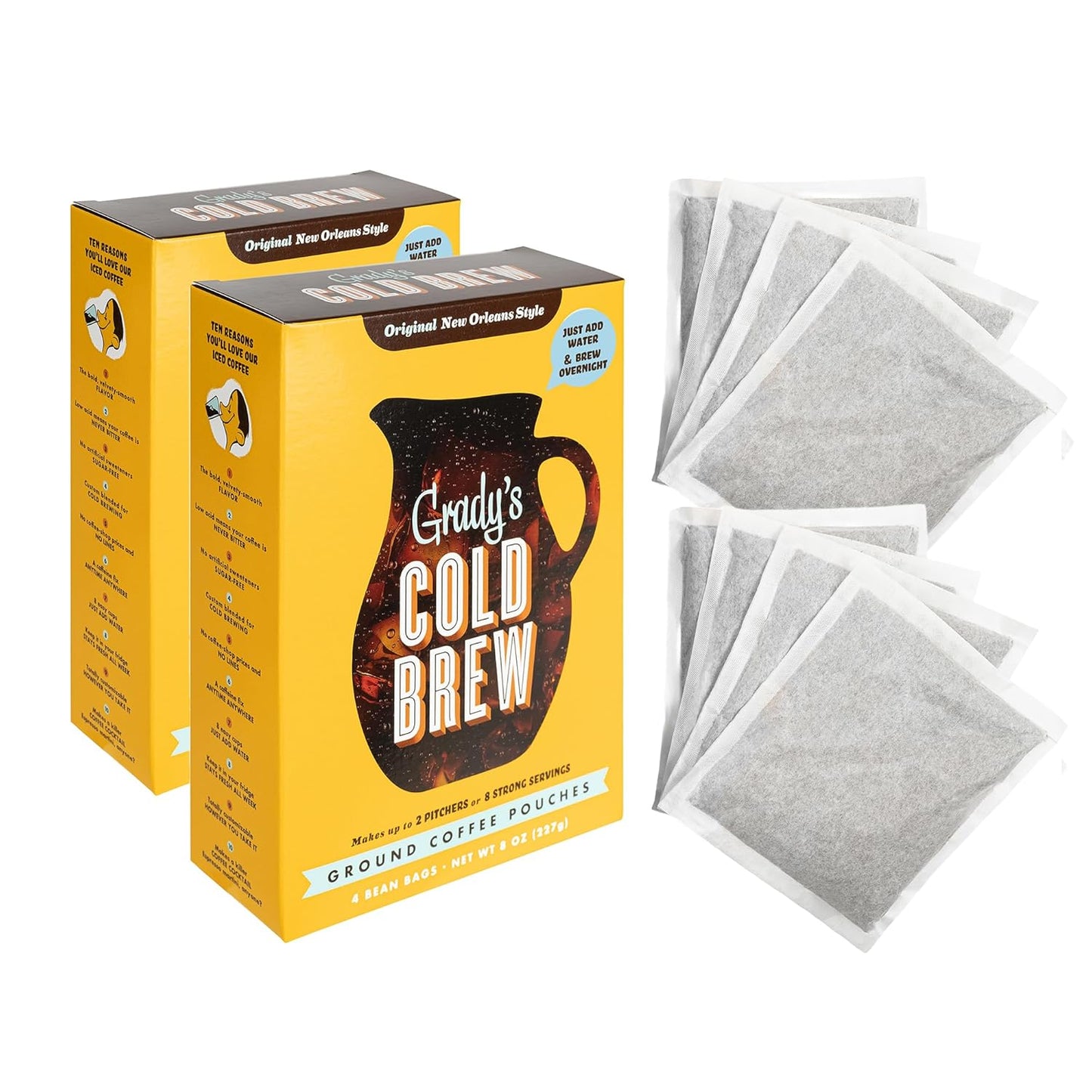 GRADY’S COLD BREW, New Orleans Style, 100% Arabica Ground Coffee & Chicory Pouches, TWO Boxes of Four Easy-to-Brew Bean Bags, Makes 24 drinks
