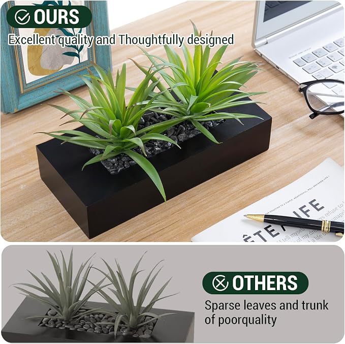 MyGift 10 Inch Fake Grass Artificial Plants in Rectangular Black Wood Planter - Image 6