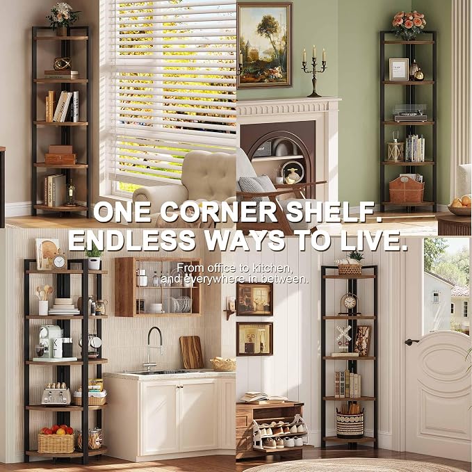 FATORRI Tall Corner Shelf, Industrial Corner Bookshelf, Wood and Metal Corner - Image 4