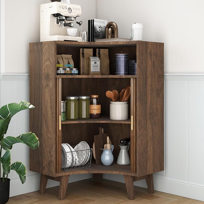 Fluted Corner Cabinet with Open Storage, Modern Floor Cabinets with Sliding - Image 4