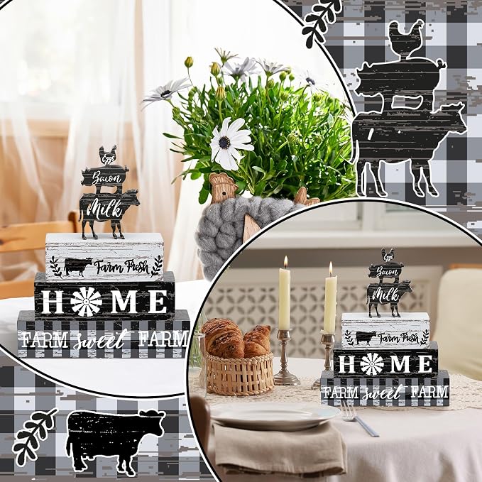 Geelin 4 Pcs Farmhouse Kitchen Signs Cow Rooster and Pig Decors Rustic Wooden - Image 3