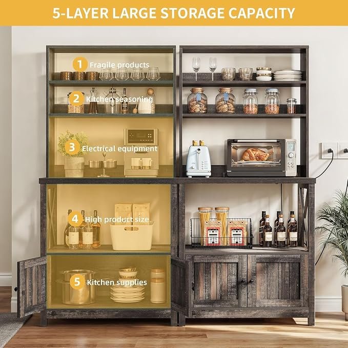 DWVO Baker Rack with Power Outlet and Storage, Farmhouse Microwave Stand with - Image 5