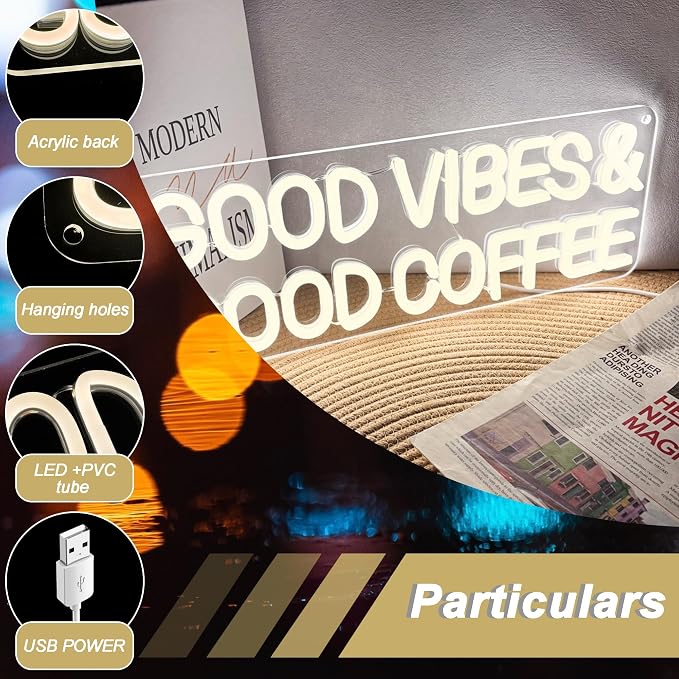 Mutank Coffee Neon Sign, Good Vibes Good Coffee Neon Light USB Powered LED - Image 6