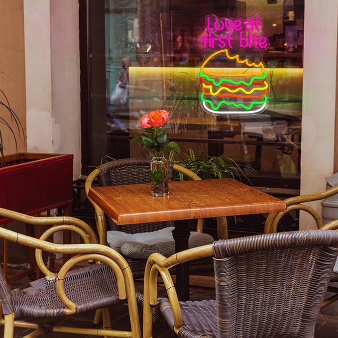 Love At First Bite Neon Sign Burger LED Neon Light Dimmable Hamburger Food - Image 6