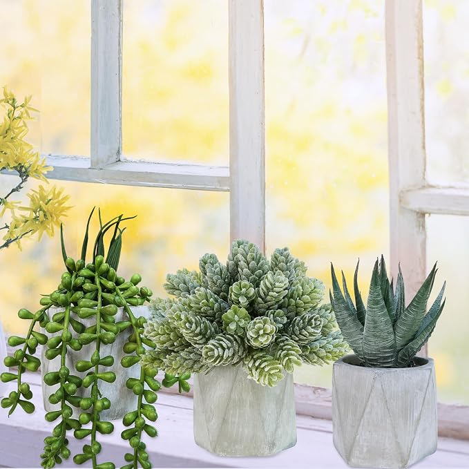 Winlyn Set of 3 Mini Artificial Succulent Plants Potted Small Fake Aloe Hops - Image 7
