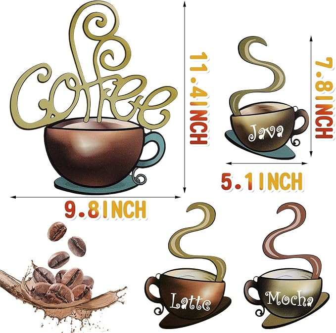 4 Pieces Metal Coffee Cup Wall Decor Coffee Bar Decor Cafe Themed Wall Art - Image 2