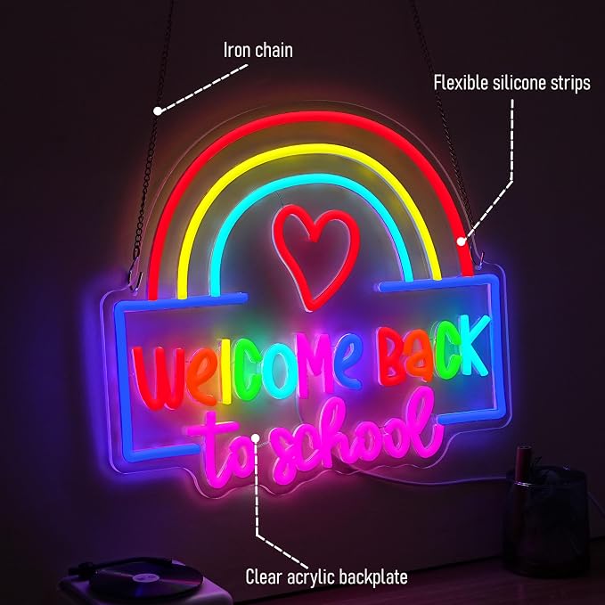 Welcome Back to School Neon Sign Rainbow Heart LED Neon Light USB Powered Back - Image 5