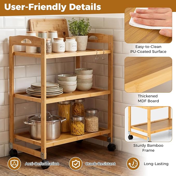 Giantex 3-Tier Rolling Storage Cart, Bamboo Utility Cart w/ 3 Side Hooks & - Image 7