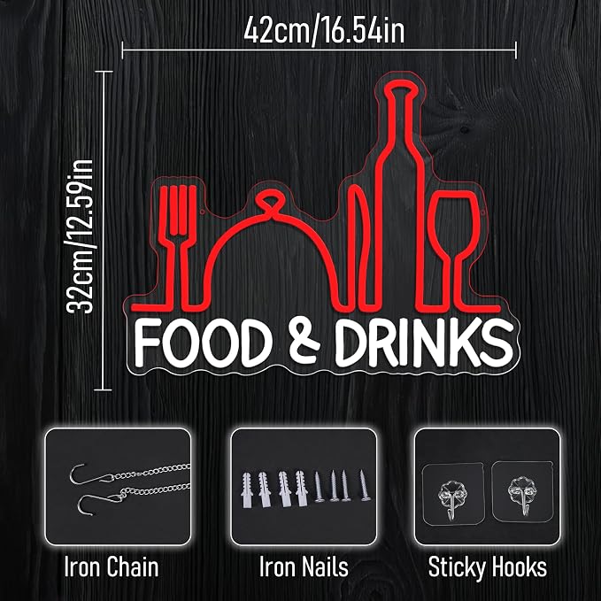 Food And Drink Neon Sign for Wall Decor Dimmable Knife Fork Light Up Sign LED - Image 2