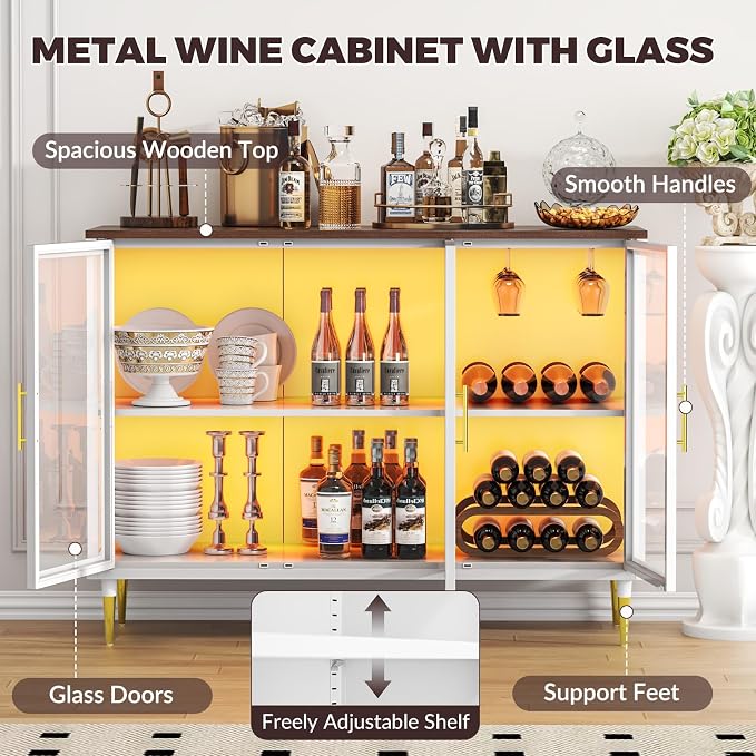 Wine Bar Cabinet with LED Lights, Metal Wood Home Coffee Bar Cabinet with Glass - Image 7