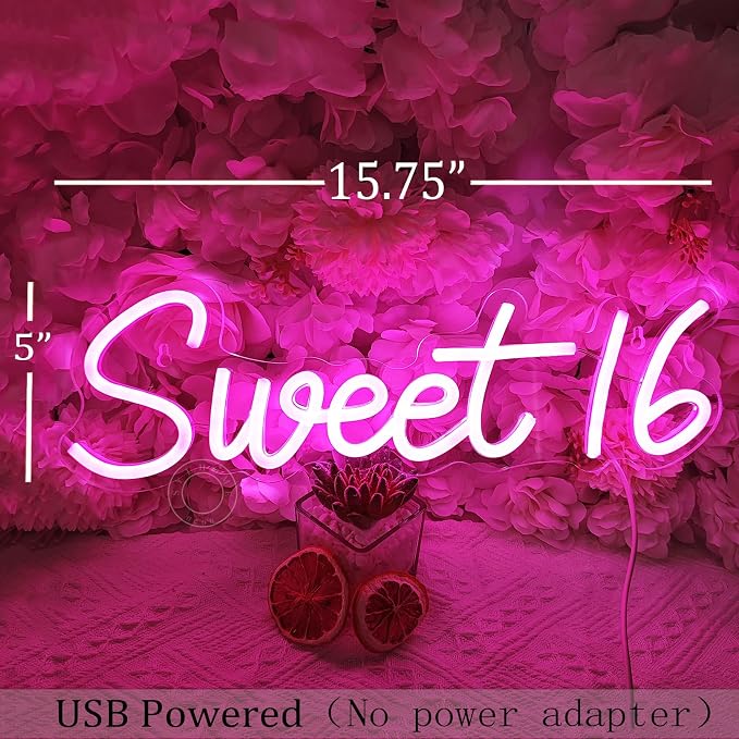 SYLHOME Pink Sweet 16 LED Neon Light Sign Sweet Girls Adults Bedroom Happy 16th - Image 3