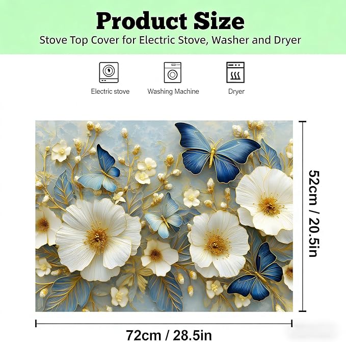 Blue Butterfly Floral Stove Top Cover 28.3 x 20.5 Inches, Heat Resistant Glass - Image 2