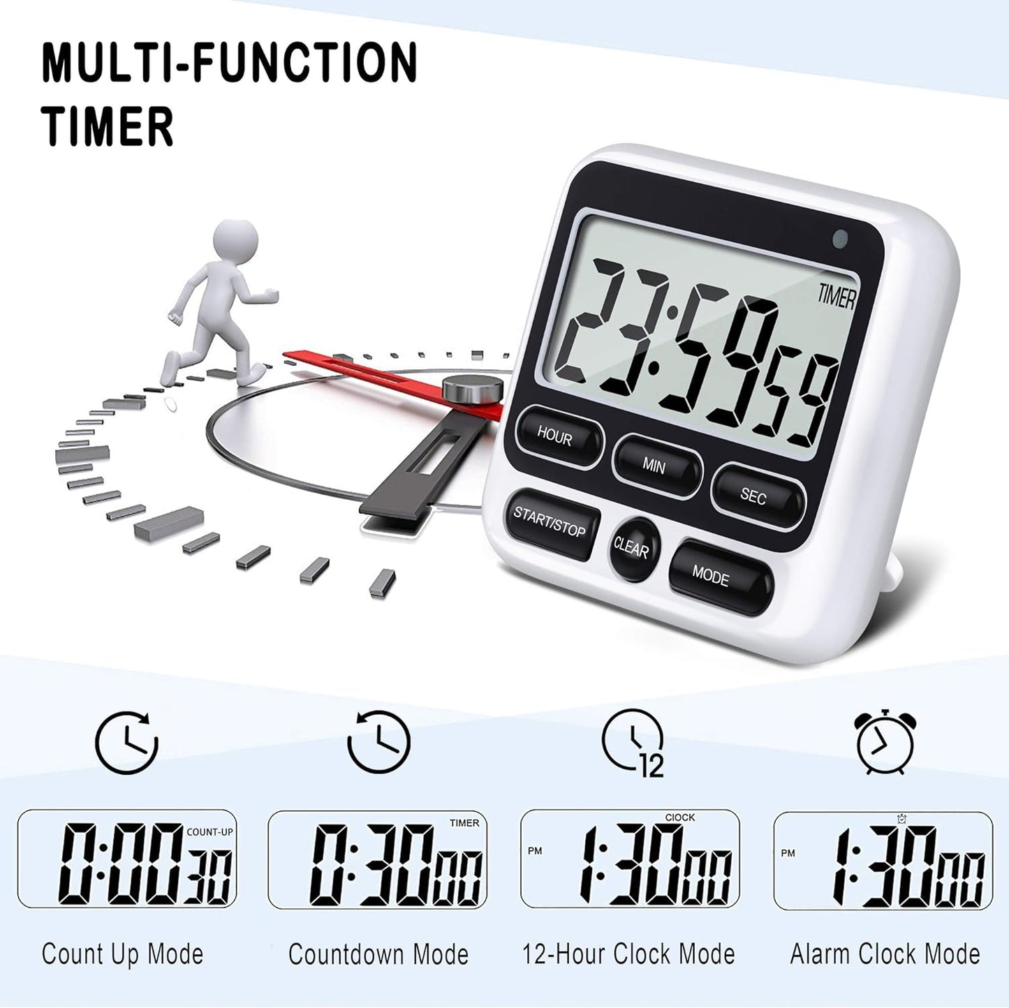 KTKUDY Digital Kitchen Timer with Mute/Loud Alarm Switch ON/Off Switch, 24 Hour Clock & Alarm, Memory Function Count Up & Count Down for Kids Teachers Cooking, Large LCD Display, Strong Magnet (Black)