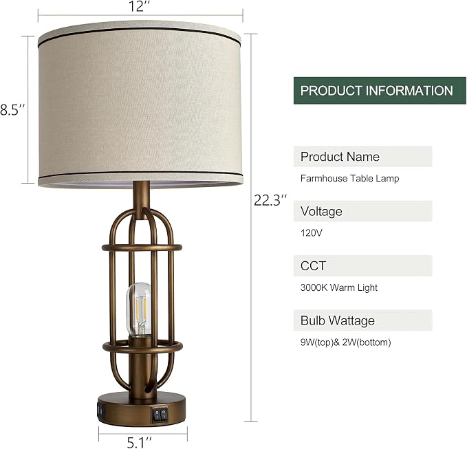 Reaketon Table Lamps for Living Room Set of 2, 22.3" Farmhouse Lamps for - Image 8