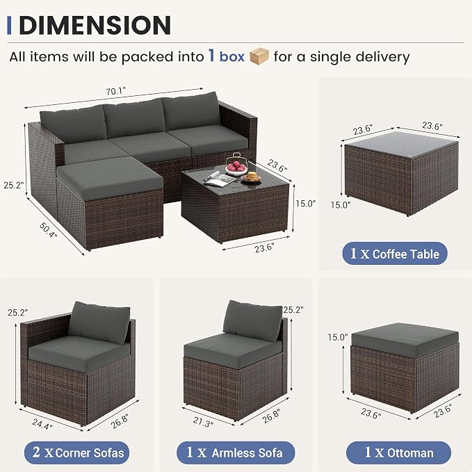 UDPATIO 5 Piece Patio Furniture Set, All-Weather Wicker Outdoor Sectional Sofa - Image 4