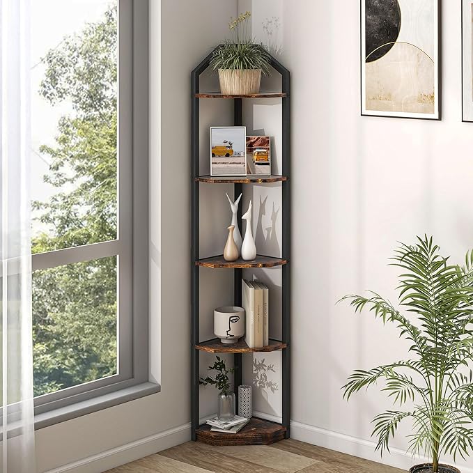 Fun Memories 5 Tier Corner Shelf, 70” Corner Shelf Stand, Corner Bookshelf by FunMemories