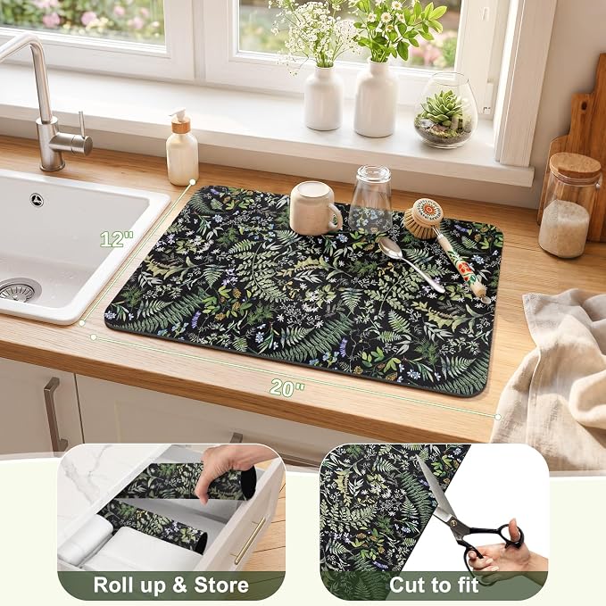 LOKHOM Dish Drying Mat for Kitchen Counter, Sage Green Plant Dish Drainer Rack - Image 2
