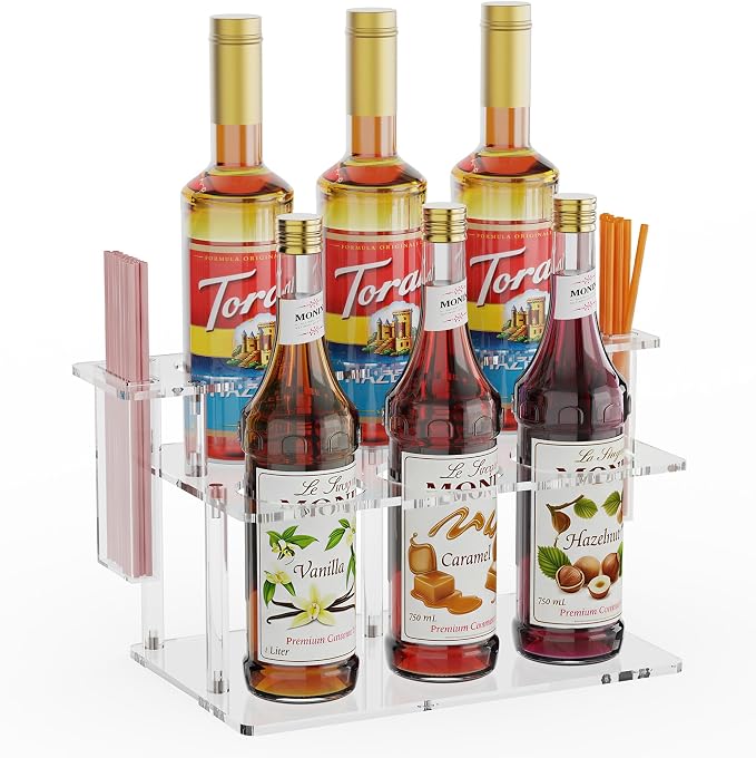 Coffee Syrup Organizer with Straw Holders, 2-Tier Acrylic Syrup Rack, Anti-Slip by NANAGIFTREE