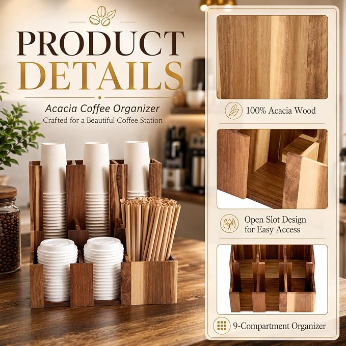 CroBlissful Acacia Vertical Coffee Cup and Lid Dispenser, Coffee Condiment - Image 3