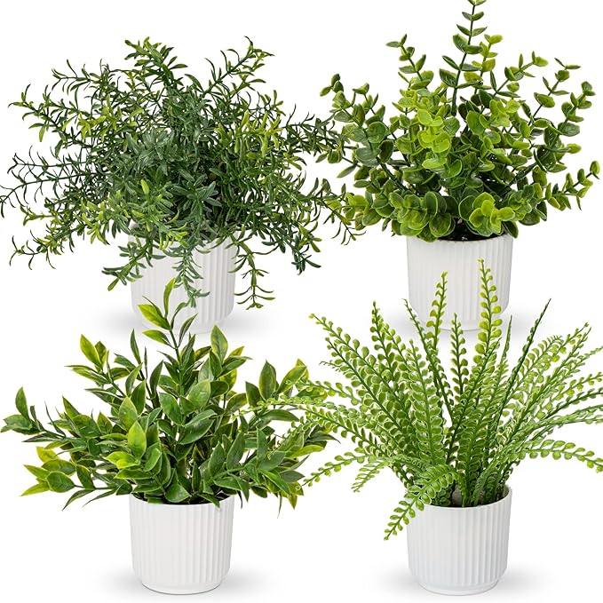 Hollyone 4 Pack Artificial Potted Plants Eucalyptus Rosemary Boston Fern ZZ by Hollyone