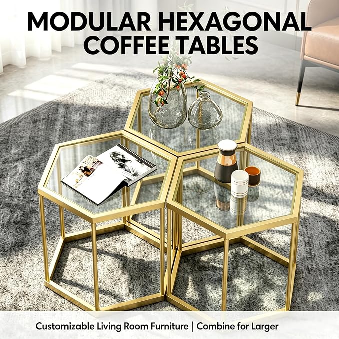 Hexagonal Modular Coffee Table, Tempered Glass Top, Geometric Accent Side Table - Image 4