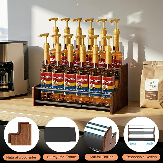 2-Tier Expandable Coffee Syrup Organizer – Countertop Rack Holds 8 to 12 Syrup - Image 2