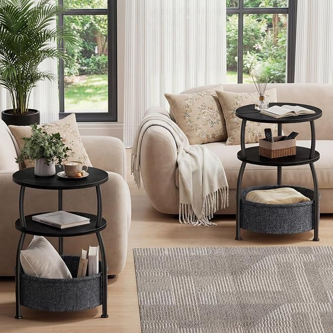Round Side Table with Storage Basket, End Table Living Room, Bedside Table - Image 4
