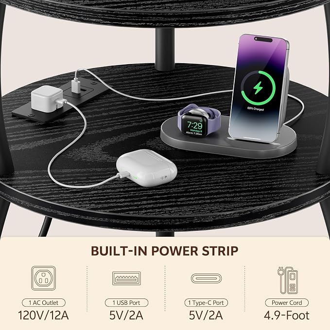 Round Side Table with Charging Station, USB Type C Port, Space Saving, Tall - Image 5