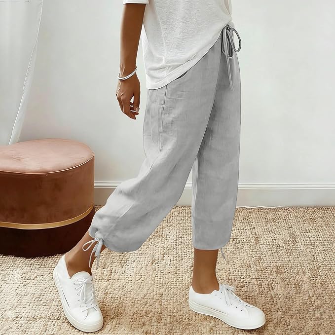 Linen Capri Pants for Women Drawstring Elastic Wide Leg Trouser 2026 Summer - Image 2