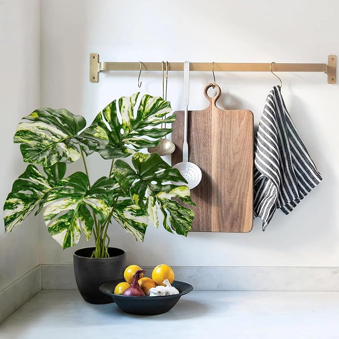 Briful Fake Plants Variegated Monstera Leaves Faux Plant Indoor in Black Pot - Image 3