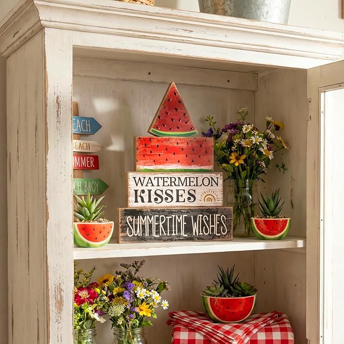 Lineshading 4 Pcs Summer Table Decor Wooden Watermelon Tiered Tray Decor Rustic - Image 8