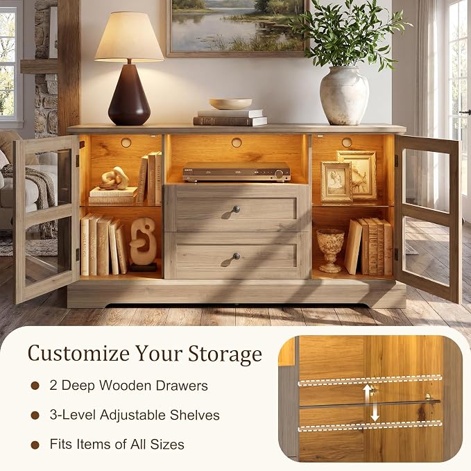 55 Inch Buffet Cabinet with Power Outlets, Coffee Bar with 2 Drawers, RGB LED - Image 6
