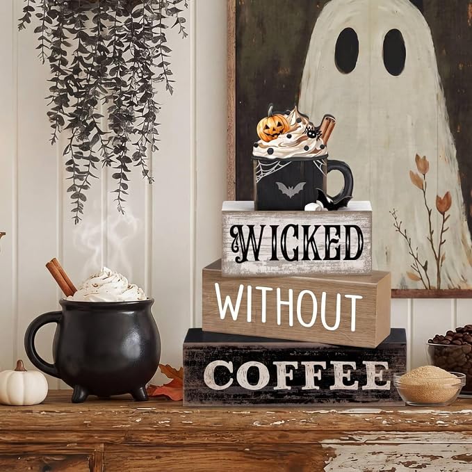Lineshading 4 Pcs Halloween Coffee Table Decorations Wicked Wooden Stacked Sign - Image 5