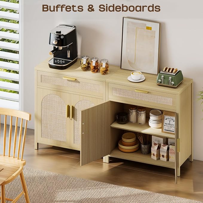 Rattan Buffet Cabinet with Storage, Sideboard Cabinet with Doors and Shelves - Image 7