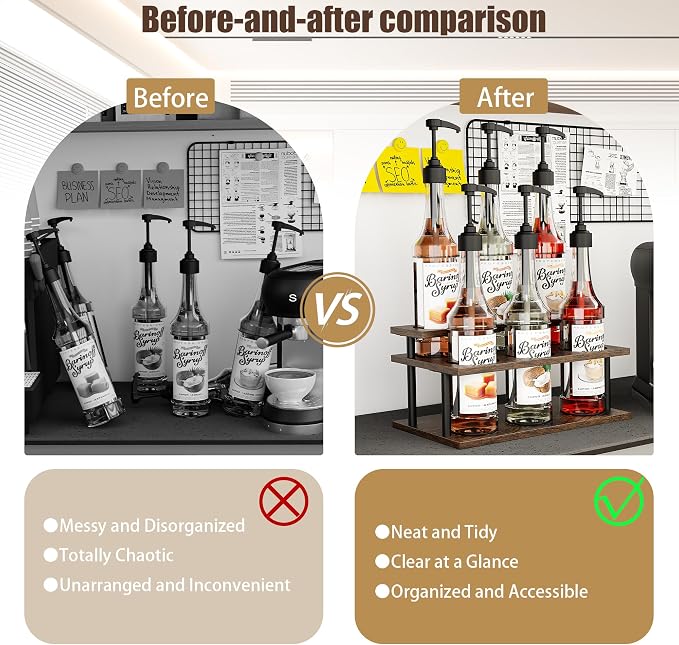 KLM Coffee Syrup Organizer, 2 Tier Wooden Small Display Shelf, Syrup Bottle - Image 7