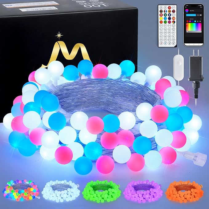 JMEXSUSS 100 LED Color Changing String Lights, 33ft Globe Red White and Blue by JMEXSUSS