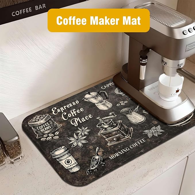 Vintage Coffee Blueprint Coffee Bar Mat 12" x 19", Absorbent Quick-Dry Coffee - Image 8