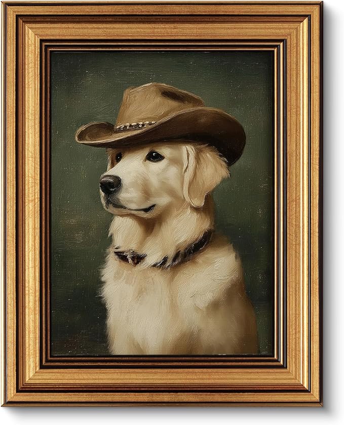 ARPEOTCY Gold Framed Canvas Wall Art, 8x10 Inch Funny Cowboy Dog Portrait by ARPEOTCY