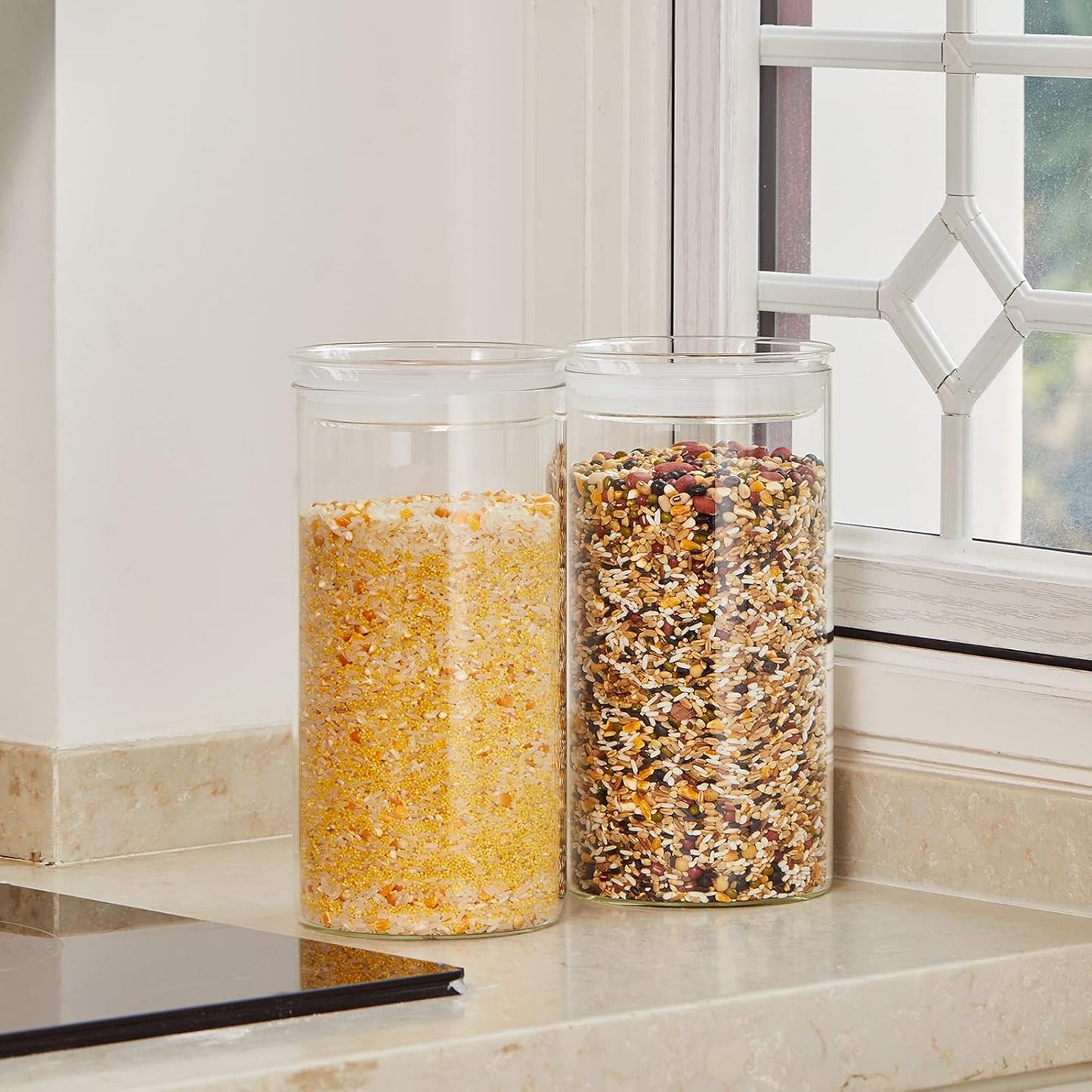 ZENS 74 fl.oz Glass Storage Containers with Airtight Lids, 2 Set 4.7in Wide Mouth Clear Food Storage Jars for Kithen Pantry Baking Flour, Clear Glass Canisters Sets for Pasta, Coffee Beans, Rice