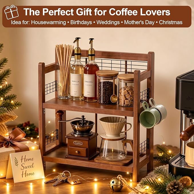 No-Assembly Coffee Bar Organizer, 2-Tier Coffee Station Shelf | Foldable Oak - Image 7
