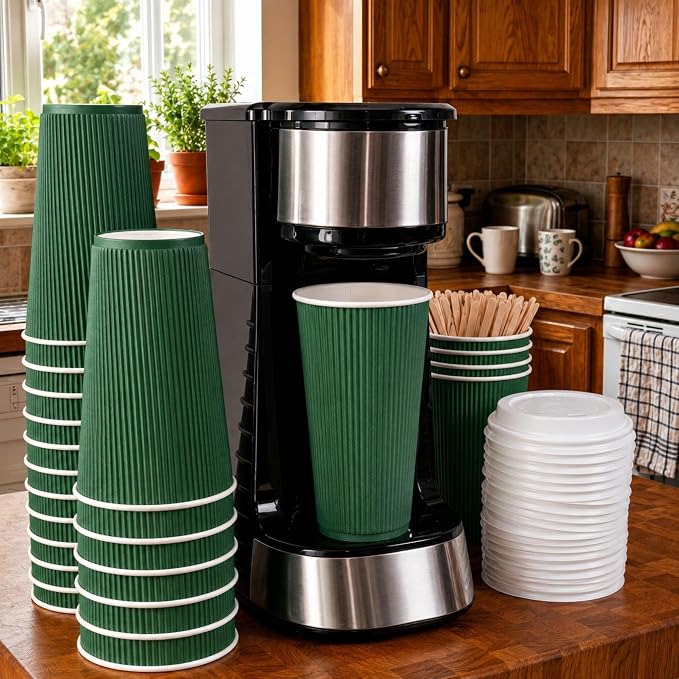 Restaurantware Ripple Wall Coffee Cups 25 Count 16 Ounce Insulated Forest Green - Image 3
