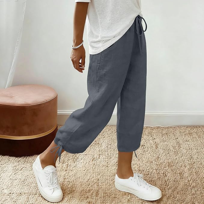 Linen Capri Pants for Women Drawstring Elastic Wide Leg Trouser 2026 Summer - Image 2