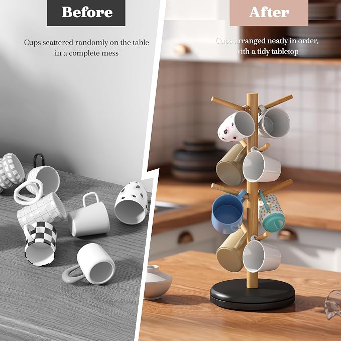 STDDRE Mug Holder Tree 360° Rotated Mug Tree Coffee Cup Holder Bamboo Rack - Image 2