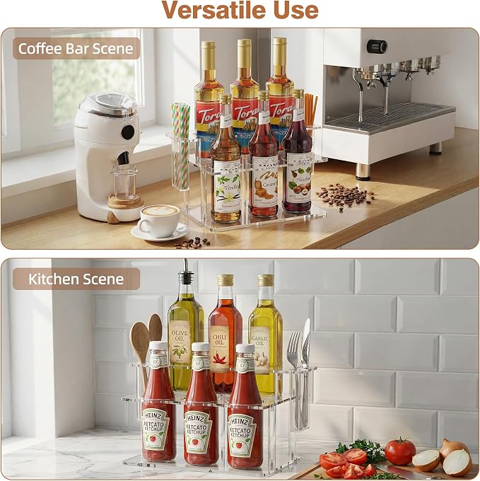 Coffee Syrup Organizer with Straw Holders, 2-Tier Acrylic Syrup Rack, Anti-Slip - Image 4