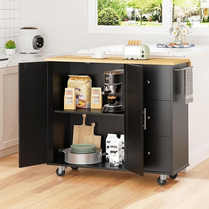 Shintenchi Kitchen Island with Folding Drop Leaf, Rolling Island Table with - Image 7