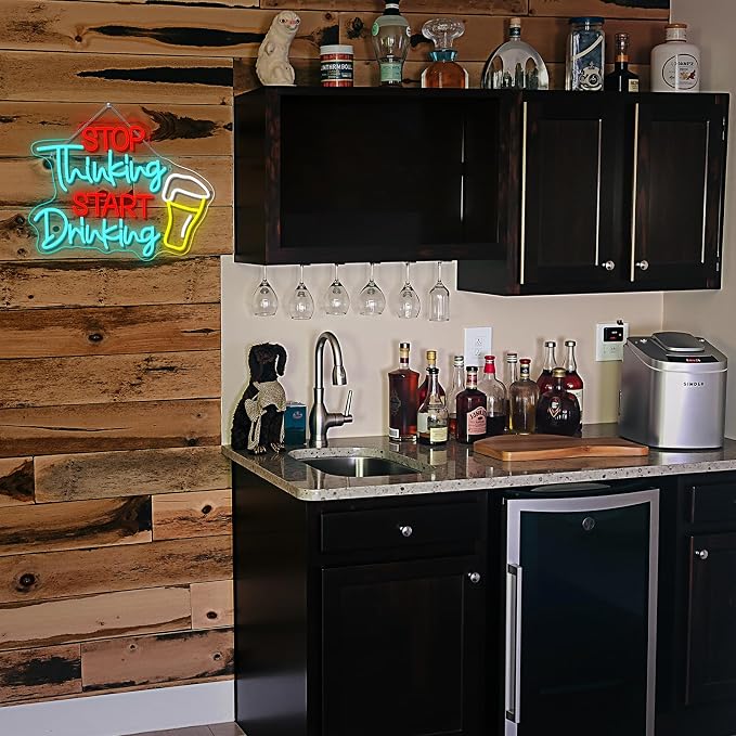Stop Thinking Start Drink Beer Neon Sign Fun LED Bar Wall Decor - Image 2
